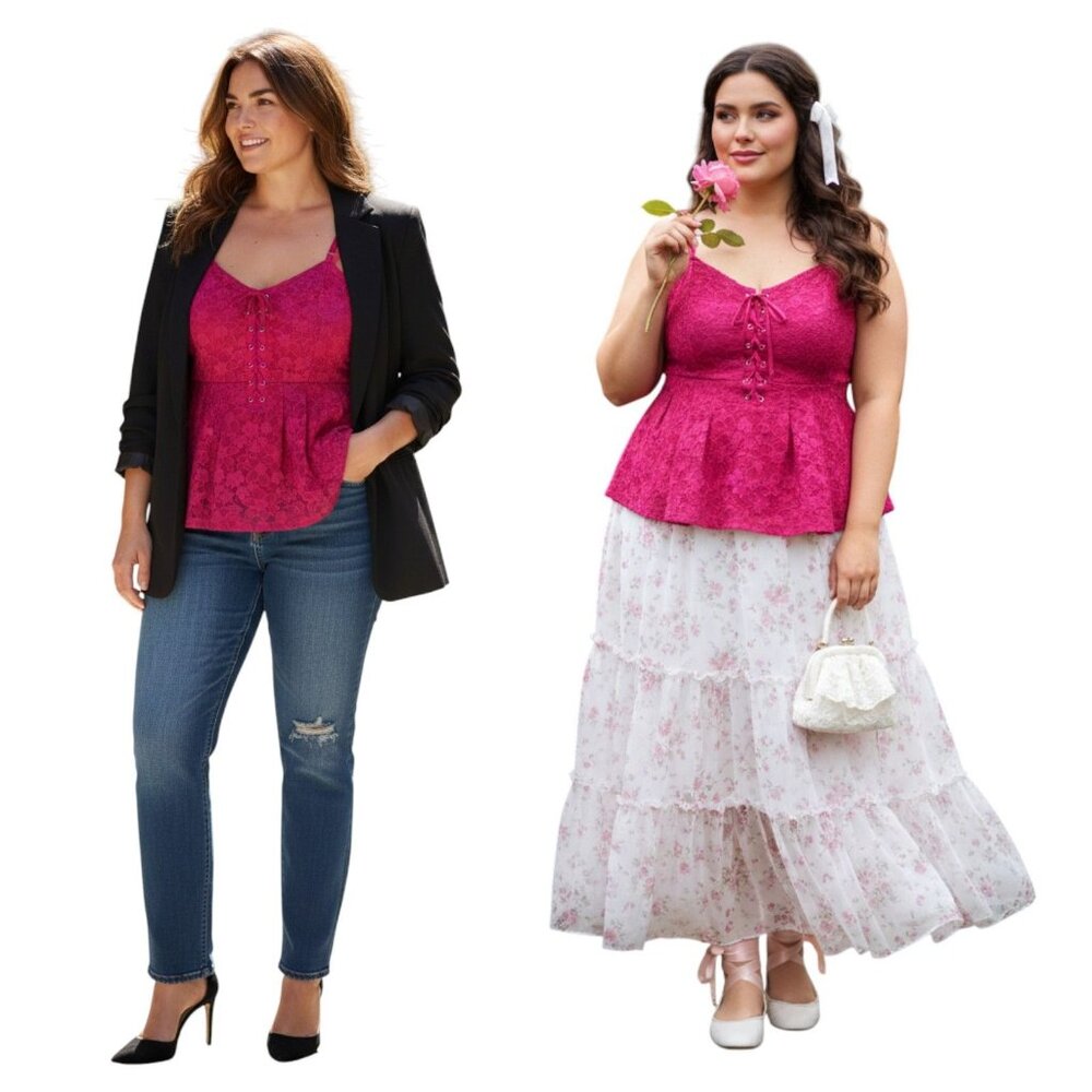 Torrid Peplum Lace Corset Cami Tank Fuchsia Coquette Romantic Grunge Size 4 / 4X